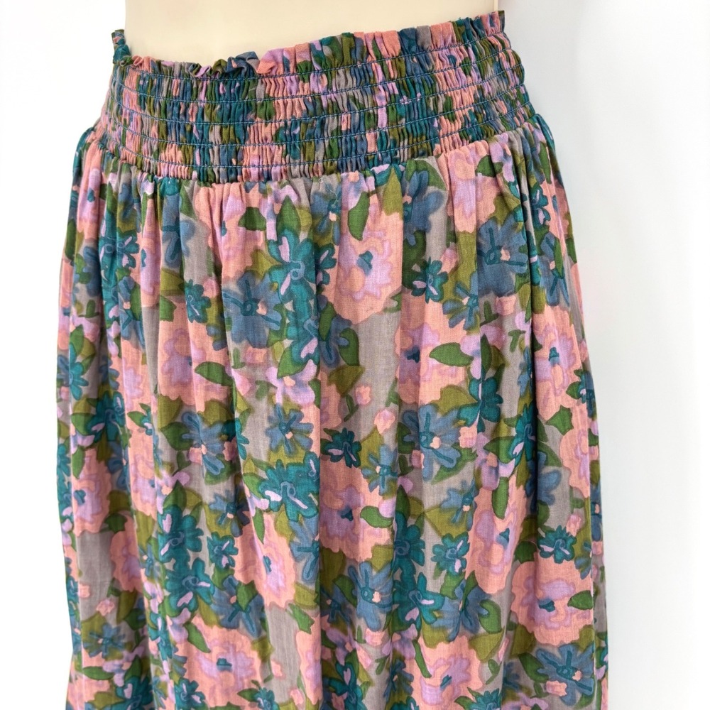 Natural Life Floral Smocked Waist Maxi Skirt Pink Blue Green L/XL NWT